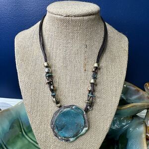 Robert Lee Morris Soho Tri-Tone Black Leather Sculptural Pendant Necklace